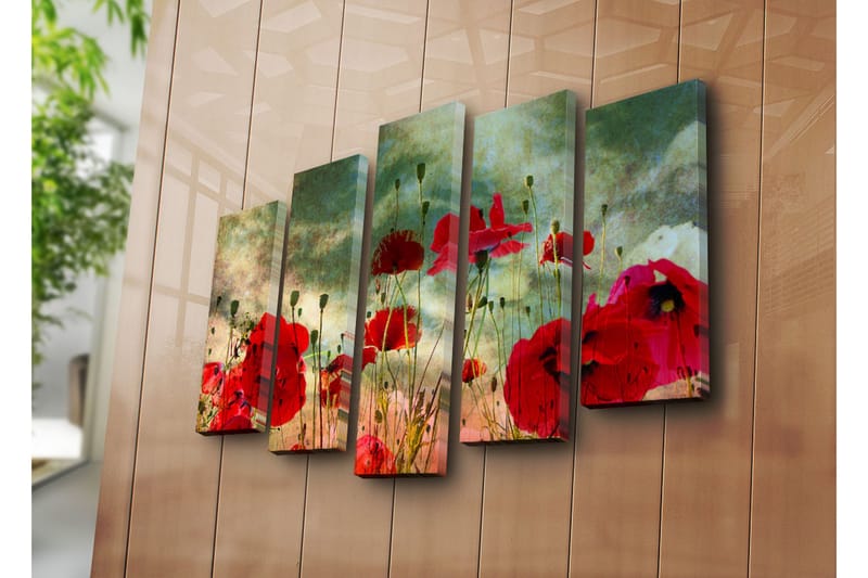 Stor Canvastavla i 5 delar 105x70 cm - Färgrik fält av vallmo i blomning - Röd / Grön / Beige - Inredning & dekor - Tavlor & konst - Canvastavla