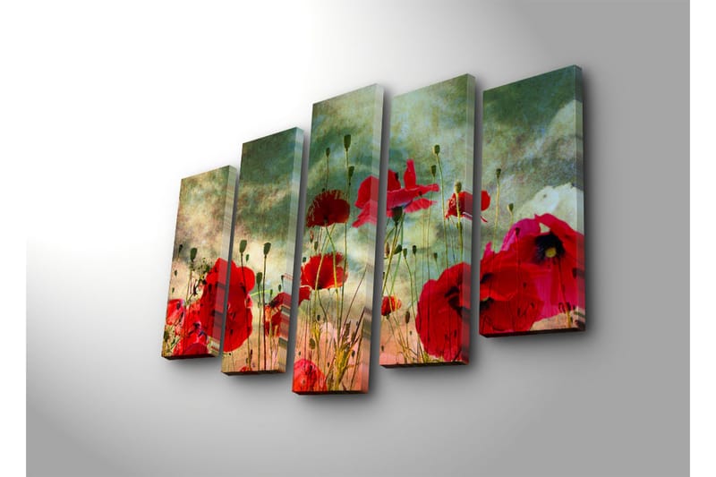 Stor Canvastavla i 5 delar 105x70 cm - Färgrik fält av vallmo i blomning - Röd / Grön / Beige - Inredning & dekor - Tavlor & konst - Canvastavla