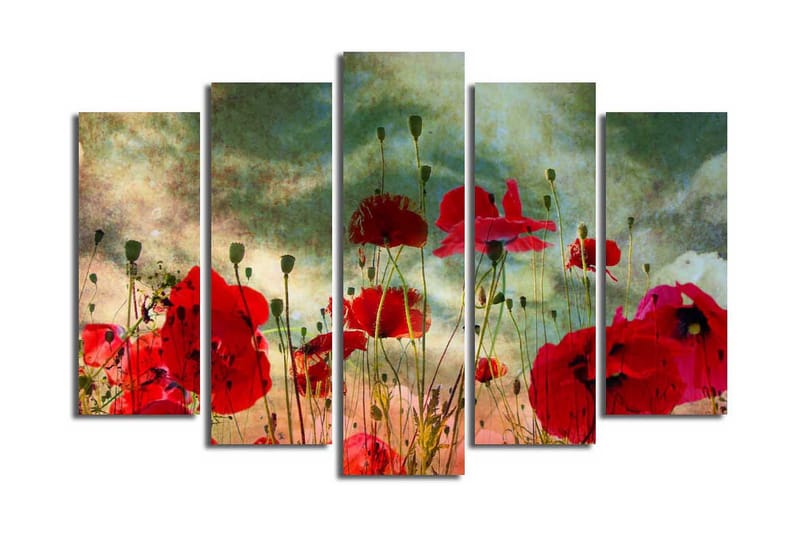 Stor Canvastavla i 5 delar 105x70 cm - Färgrik fält av vallmo i blomning - Röd / Grön / Beige - Inredning & dekor - Tavlor & konst - Canvastavla