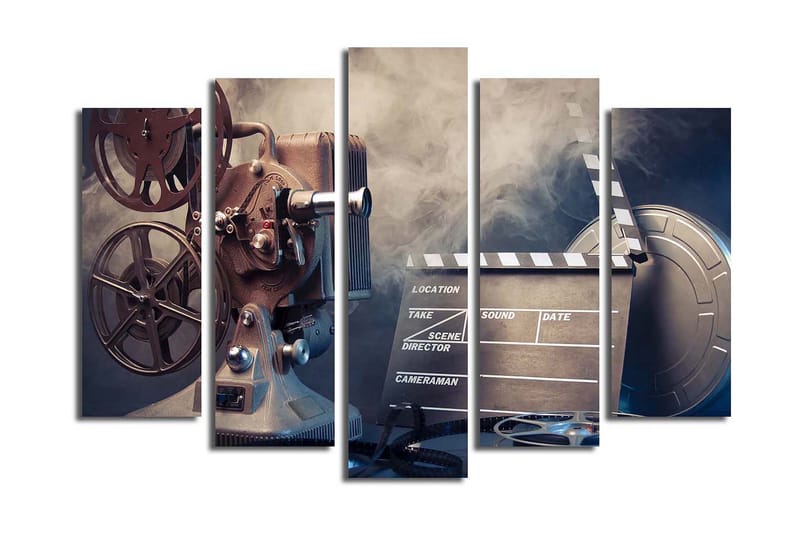 Stor Canvastavla i 5 delar 105x70 cm - Filmkamera med filmrullar och klappa i en nostalgisk miljö - Grå / Svart / Silver - Inredning & dekor - Tavlor & konst - Canvastavla