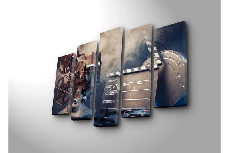 Stor Canvastavla i 5 delar 105x70 cm - Filmkamera med filmrullar och klappa i en nostalgisk miljö - Grå / Svart / Silver - Inredning & dekor - Tavlor & konst - Canvastavla