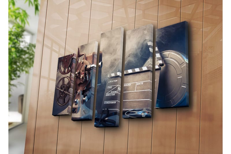 Stor Canvastavla i 5 delar 105x70 cm - Filmkamera med filmrullar och klappa i en nostalgisk miljö - Grå / Svart / Silver - Inredning & dekor - Tavlor & konst - Canvastavla