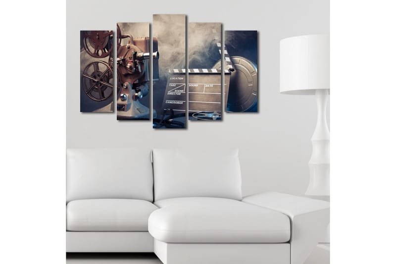 Stor Canvastavla i 5 delar 105x70 cm - Filmkamera med filmrullar och klappa i en nostalgisk miljö - Grå / Svart / Silver - Inredning & dekor - Tavlor & konst - Canvastavla