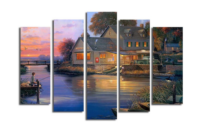 Stor Canvastavla i 5 delar 105x70 cm - Fiskande pojke vid en sjö i solnedgångens sken - Blå / Orange / Grön - Inredning & dekor - Tavlor & konst - Canvastavla