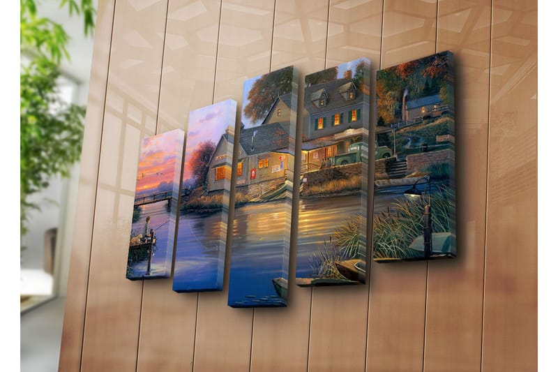 Stor Canvastavla i 5 delar 105x70 cm - Fiskande pojke vid en sjö i solnedgångens sken - Blå / Orange / Grön - Inredning & dekor - Tavlor & konst - Canvastavla