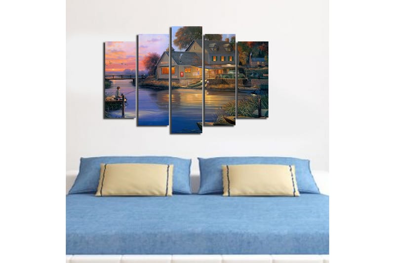 Stor Canvastavla i 5 delar 105x70 cm - Fiskande pojke vid en sjö i solnedgångens sken - Blå / Orange / Grön - Inredning & dekor - Tavlor & konst - Canvastavla