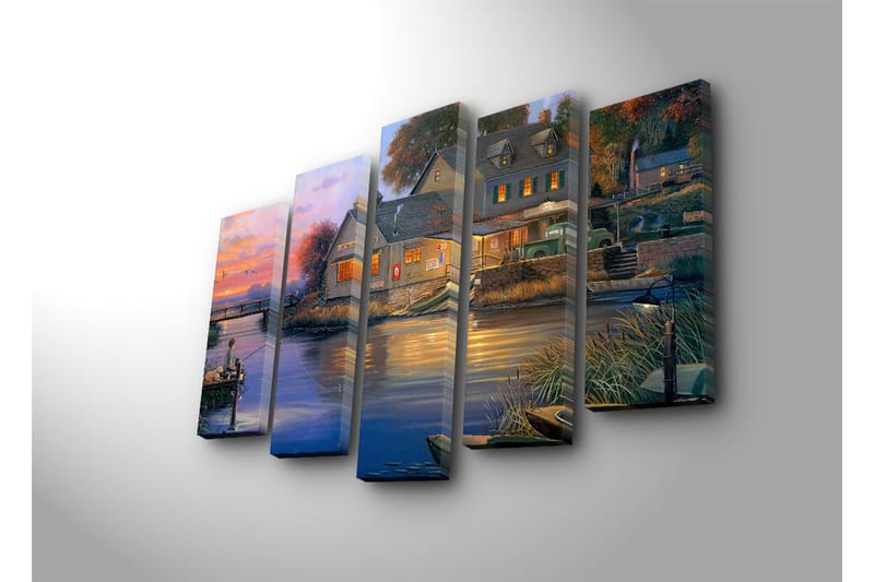 Stor Canvastavla i 5 delar 105x70 cm - Fiskande pojke vid en sjö i solnedgångens sken - Blå / Orange / Grön - Inredning & dekor - Tavlor & konst - Canvastavla