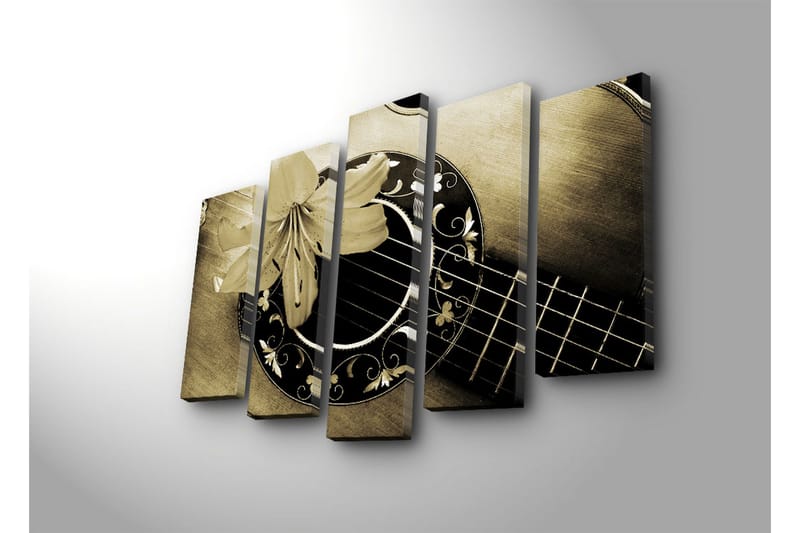 Stor Canvastavla i 5 delar 105x70 cm - Gitarr med en blomma som accentuerar instrumentets detaljer - Guld / Svart / Beige - Inredning & dekor - Tavlor & konst - Canvastavla