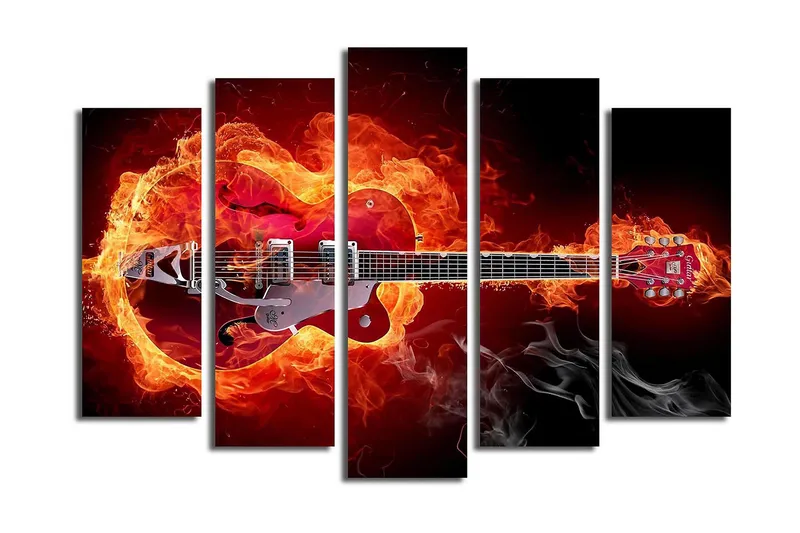 Stor Canvastavla i 5 delar 105x70 cm - Gitarr omgiven av eld och rök - Röd / Orange / Svart - Inredning & dekor - Tavlor & konst - Canvastavla