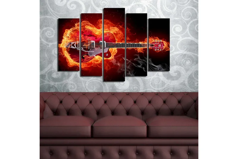 Stor Canvastavla i 5 delar 105x70 cm - Gitarr omgiven av eld och rök - Röd / Orange / Svart - Inredning & dekor - Tavlor & konst - Canvastavla