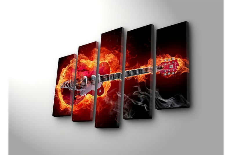 Stor Canvastavla i 5 delar 105x70 cm - Gitarr omgiven av eld och rök - Röd / Orange / Svart - Inredning & dekor - Tavlor & konst - Canvastavla