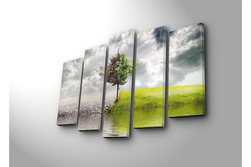Stor Canvastavla i 5 delar 105x70 cm - Grönskande träd som står mellan torr mark och frodig äng - Grön / Grå / Beige - Inredning & dekor - Tavlor & konst - Canvastavla