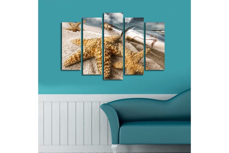 Stor Canvastavla i 5 delar 105x70 cm - Havslandskap med sjöstjärnor och en flaska med meddelande - Sandfärgad / Beige / Brun - Inredning & dekor - Tavlor & konst - Canvastavla
