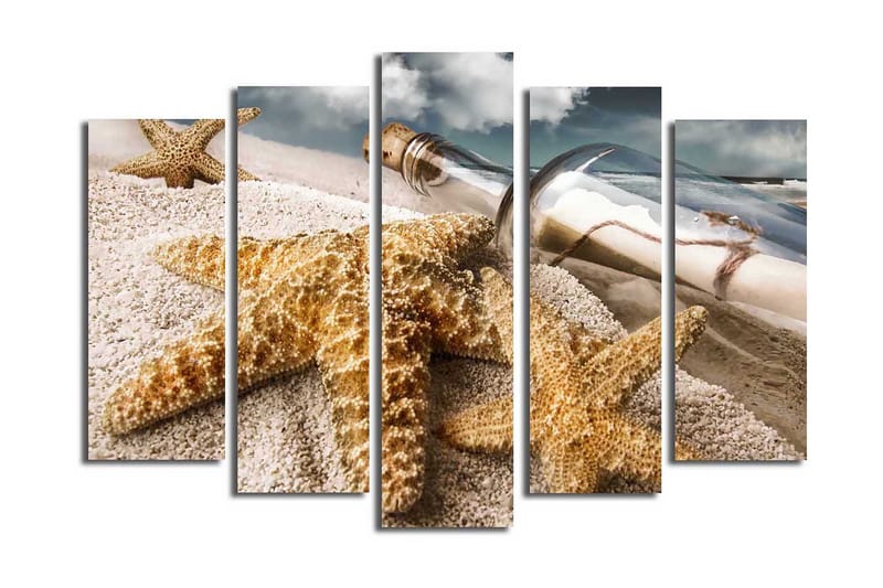 Stor Canvastavla i 5 delar 105x70 cm - Havslandskap med sjöstjärnor och en flaska med meddelande - Sandfärgad / Beige / Brun - Inredning & dekor - Tavlor & konst - Canvastavla