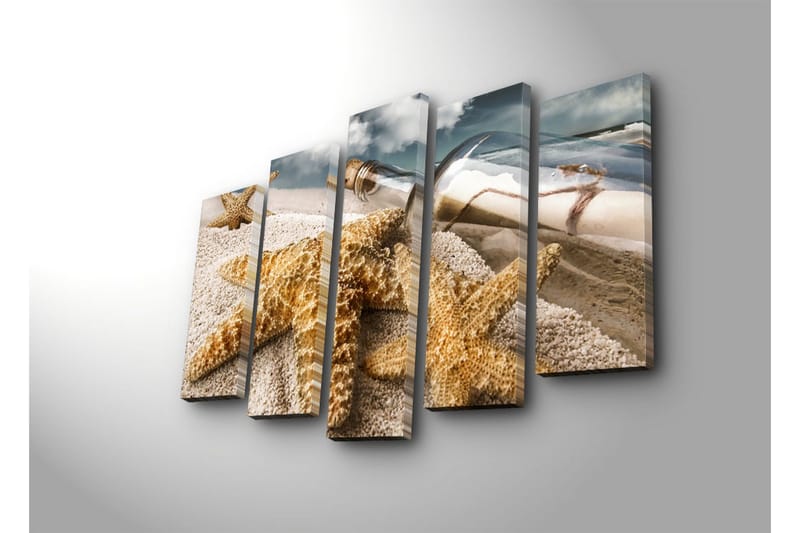 Stor Canvastavla i 5 delar 105x70 cm - Havslandskap med sjöstjärnor och en flaska med meddelande - Sandfärgad / Beige / Brun - Inredning & dekor - Tavlor & konst - Canvastavla