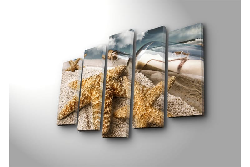 Stor Canvastavla i 5 delar 105x70 cm - Havslandskap med sjöstjärnor och en flaska med meddelande - Sandfärgad / Beige / Brun - Inredning & dekor - Tavlor & konst - Canvastavla