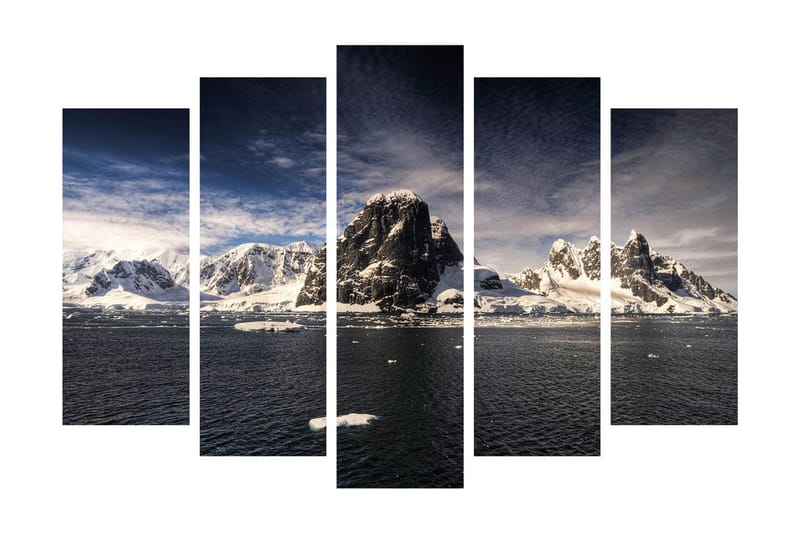 Stor Canvastavla i 5 delar 105x70 cm - Imponerande fjälllandskap med snöklädda toppar och spegelblanka vattenytor - Vit / Mörkblå / Grå - Inredning & dekor - Tavlor & konst - Canvastavla