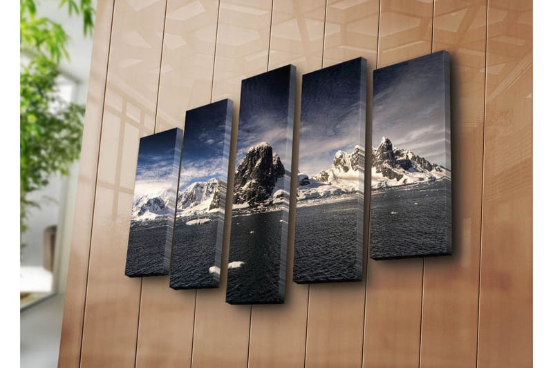 Stor Canvastavla i 5 delar 105x70 cm - Imponerande fjälllandskap med snöklädda toppar och spegelblanka vattenytor - Vit / Mörkblå / Grå - Inredning & dekor - Tavlor & konst - Canvastavla