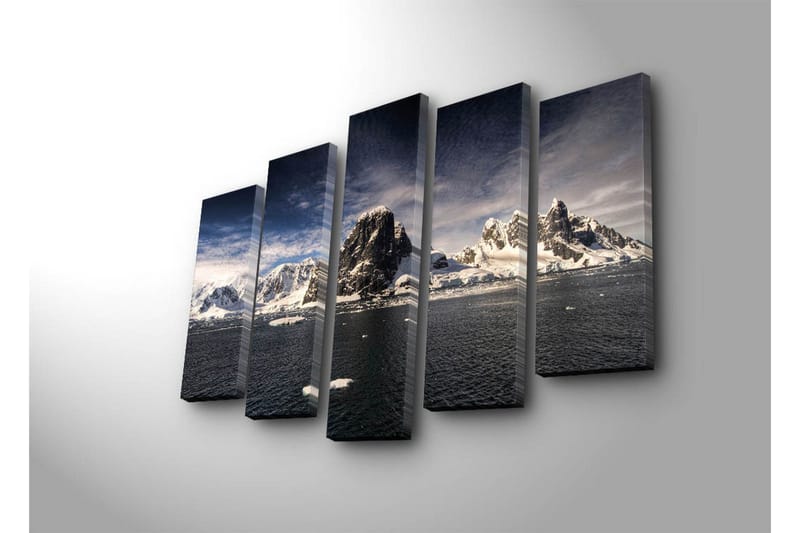 Stor Canvastavla i 5 delar 105x70 cm - Imponerande fjälllandskap med snöklädda toppar och spegelblanka vattenytor - Vit / Mörkblå / Grå - Inredning & dekor - Tavlor & konst - Canvastavla