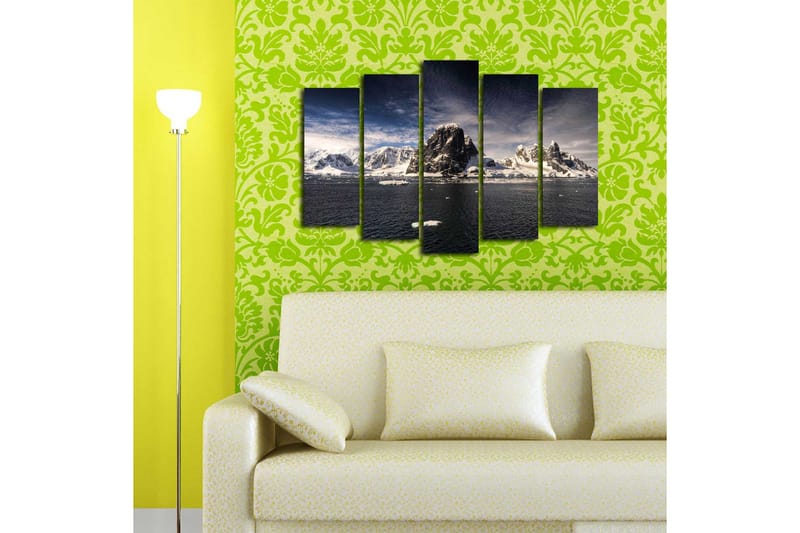 Stor Canvastavla i 5 delar 105x70 cm - Imponerande fjälllandskap med snöklädda toppar och spegelblanka vattenytor - Vit / Mörkblå / Grå - Inredning & dekor - Tavlor & konst - Canvastavla