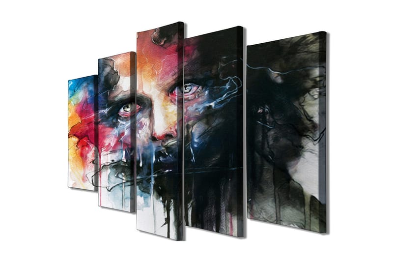 Stor Canvastavla i 5 delar 105x70 cm - Intensivt porträtt med dramatiska färger och uttrycksfulla drag, Svart / Röd / Blå