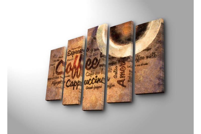 Stor Canvastavla i 5 delar 105x70 cm - Kaffeinspirerat konstverk med text och kaffekoppar - Brun / Beige / Svart - Inredning & dekor - Tavlor & konst - Canvastavla