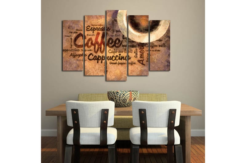 Stor Canvastavla i 5 delar 105x70 cm - Kaffeinspirerat konstverk med text och kaffekoppar - Brun / Beige / Svart - Inredning & dekor - Tavlor & konst - Canvastavla