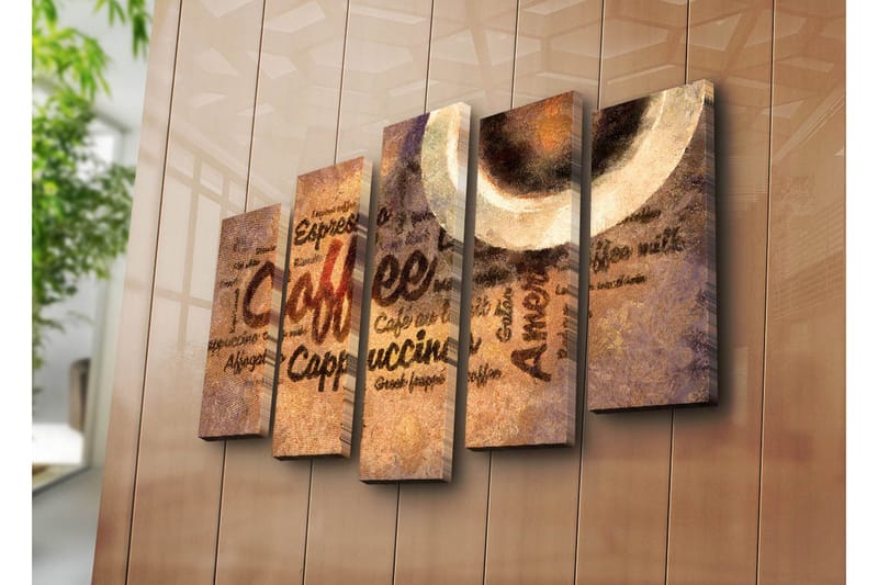Stor Canvastavla i 5 delar 105x70 cm - Kaffeinspirerat konstverk med text och kaffekoppar - Brun / Beige / Svart - Inredning & dekor - Tavlor & konst - Canvastavla