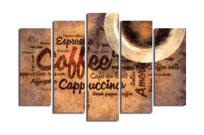 Stor Canvastavla i 5 delar 105x70 cm - Kaffeinspirerat konstverk med text och kaffekoppar - Brun / Beige / Svart - Inredning & dekor - Tavlor & konst - Canvastavla