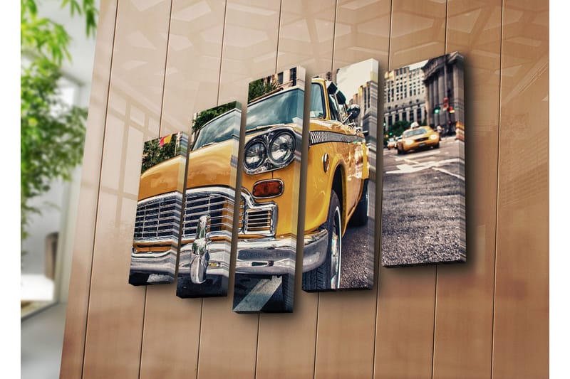 Stor Canvastavla i 5 delar 105x70 cm - Klassisk gul taxibil i stadsmiljö - Gul / Krom / Svart - Inredning & dekor - Tavlor & konst - Canvastavla