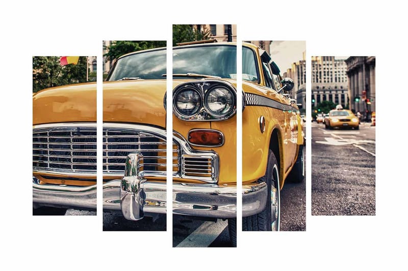 Stor Canvastavla i 5 delar 105x70 cm - Klassisk gul taxibil i stadsmiljö - Gul / Krom / Svart - Inredning & dekor - Tavlor & konst - Canvastavla