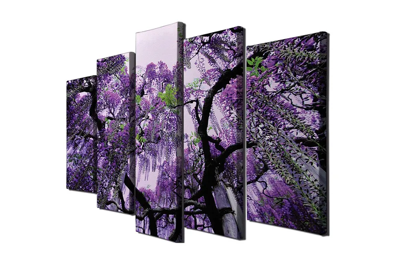 Stor Canvastavla i 5 delar 105x70 cm - Lila blomsterhäng av wisteria - Lila / Grön / Svart - Inredning & dekor - Tavlor & konst - Canvastavla
