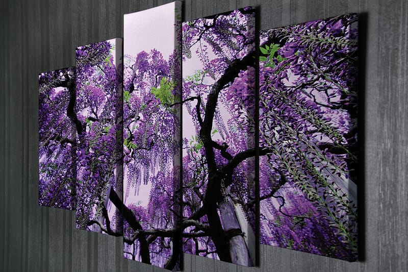 Stor Canvastavla i 5 delar 105x70 cm - Lila blomsterhäng av wisteria - Lila / Grön / Svart - Inredning & dekor - Tavlor & konst - Canvastavla