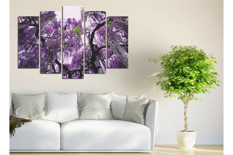 Stor Canvastavla i 5 delar 105x70 cm - Lila blomsterhäng av wisteria - Lila / Grön / Svart - Inredning & dekor - Tavlor & konst - Canvastavla