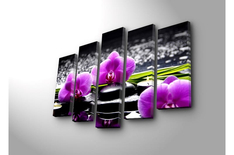 Stor Canvastavla i 5 delar 105x70 cm - Lila orkidéer på svarta stenar med reflektioner i vatten - Lila / Svart / Grön - Inredning & dekor - Tavlor & konst - Canvastavla
