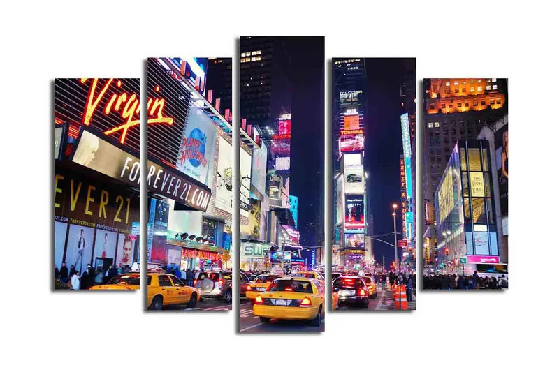 Stor Canvastavla i 5 delar 105x70 cm - Livlig stadsbild av Times Square med neonskyltar och trafik - Gult / Blått / Rött - Inredning & dekor - Tavlor & konst - Canvastavla