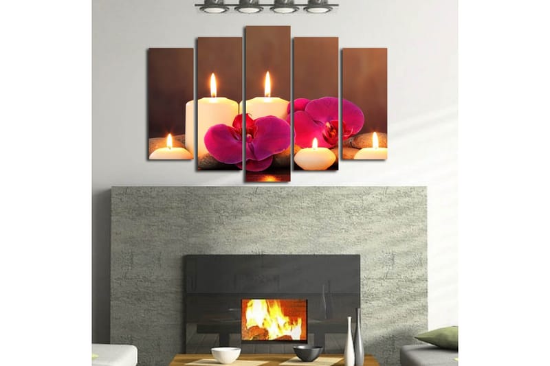 Stor Canvastavla i 5 delar 105x70 cm - Lugnande komposition med tända ljus och orkidéer - Vit / Rosa / Grå - Inredning & dekor - Tavlor & konst - Canvastavla