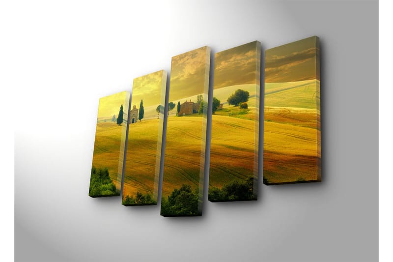 Stor Canvastavla i 5 delar 105x70 cm - Lummig landskap med böljande fält och en liten kyrka - Guldgul / Grön / Brun - Inredning & dekor - Tavlor & konst - Canvastavla