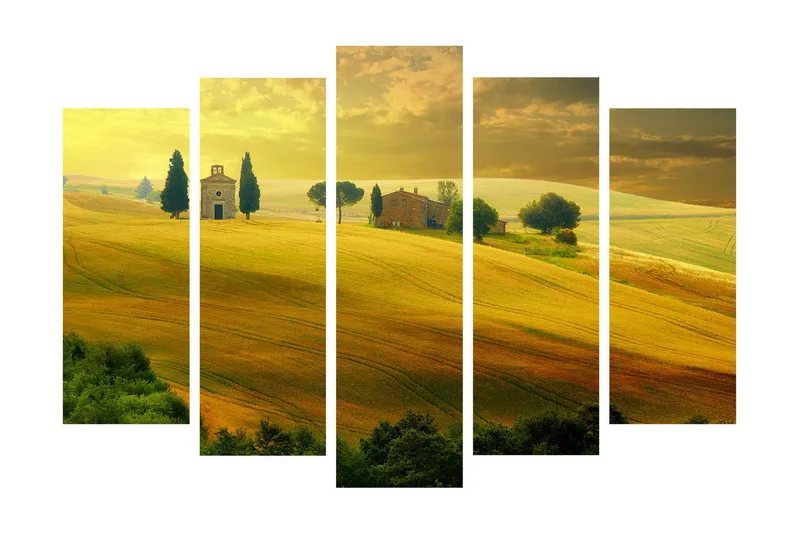 Stor Canvastavla i 5 delar 105x70 cm - Lummig landskap med böljande fält och en liten kyrka - Guldgul / Grön / Brun - Inredning & dekor - Tavlor & konst - Canvastavla