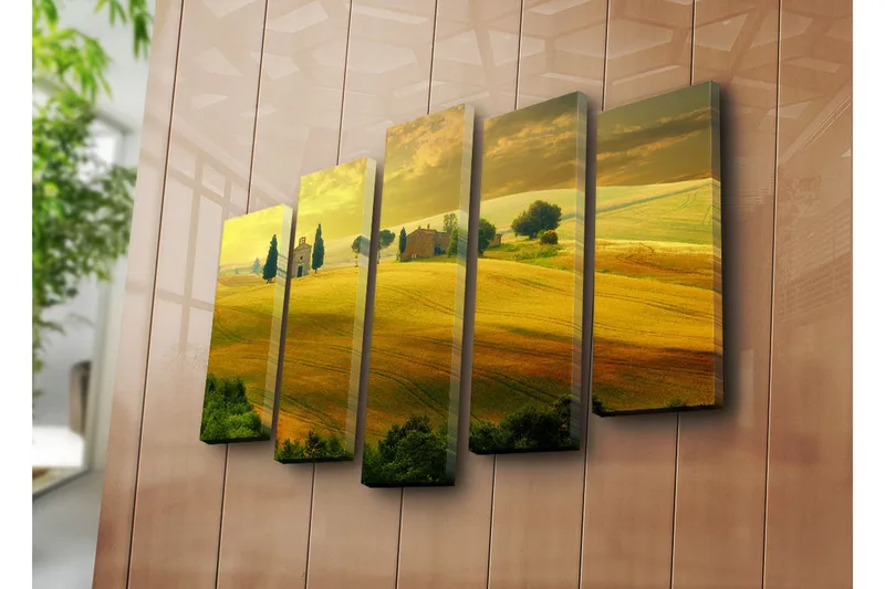 Stor Canvastavla i 5 delar 105x70 cm - Lummig landskap med böljande fält och en liten kyrka - Guldgul / Grön / Brun - Inredning & dekor - Tavlor & konst - Canvastavla