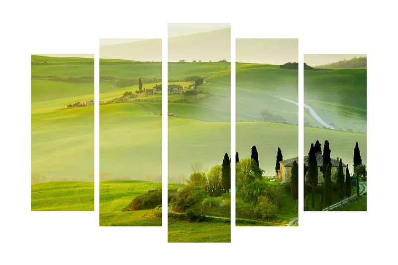 Stor Canvastavla i 5 delar 105x70 cm - Lummig toskansk landskap med böljande kullar och pittoreska gårdar - Grön / Ljusgrön / Mörkgrön - Inredning & dekor - Tavlor & konst - Canvastavla