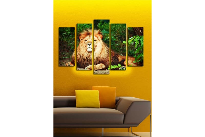 Stor Canvastavla i 5 delar 105x70 cm - Majestätisk lejon med imponerande man i en naturlig miljö - Guld / Grön / Brun - Inredning & dekor - Tavlor & konst - Canvastavla