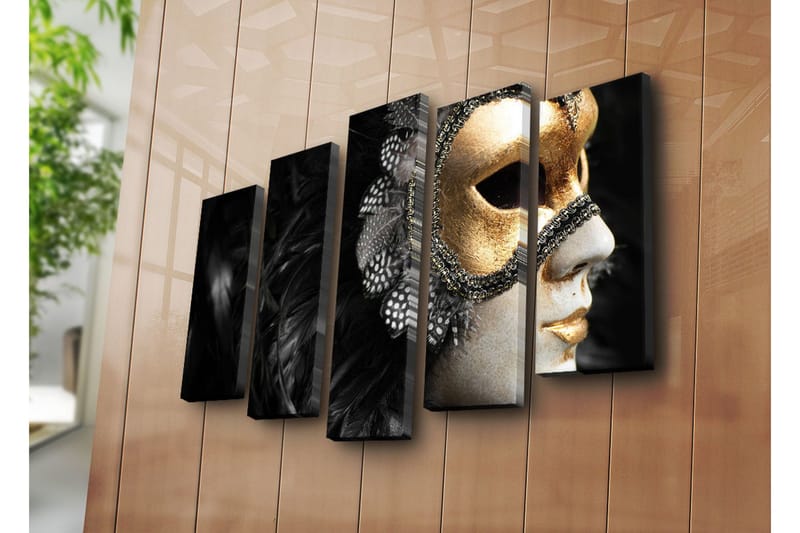 Stor Canvastavla i 5 delar 105x70 cm - Mask med detaljer i guld och svart fjäderdräkt - Guld / Svart - Inredning & dekor - Tavlor & konst - Canvastavla
