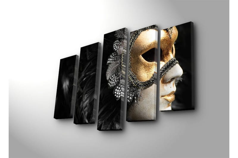 Stor Canvastavla i 5 delar 105x70 cm - Mask med detaljer i guld och svart fjäderdräkt - Guld / Svart - Inredning & dekor - Tavlor & konst - Canvastavla