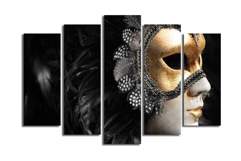 Stor Canvastavla i 5 delar 105x70 cm - Mask med detaljer i guld och svart fjäderdräkt - Guld / Svart - Inredning & dekor - Tavlor & konst - Canvastavla