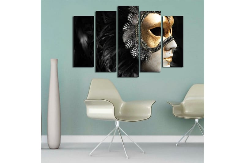 Stor Canvastavla i 5 delar 105x70 cm - Mask med detaljer i guld och svart fjäderdräkt - Guld / Svart - Inredning & dekor - Tavlor & konst - Canvastavla