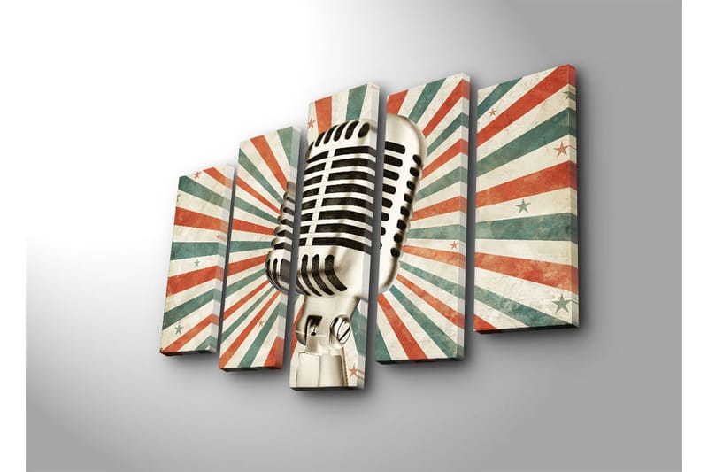 Stor Canvastavla i 5 delar 105x70 cm - Mikrofon med retrodesign omgiven av strålar i olika färger - Röd / Grön / Beige - Inredning & dekor - Tavlor & konst - Canvastavla
