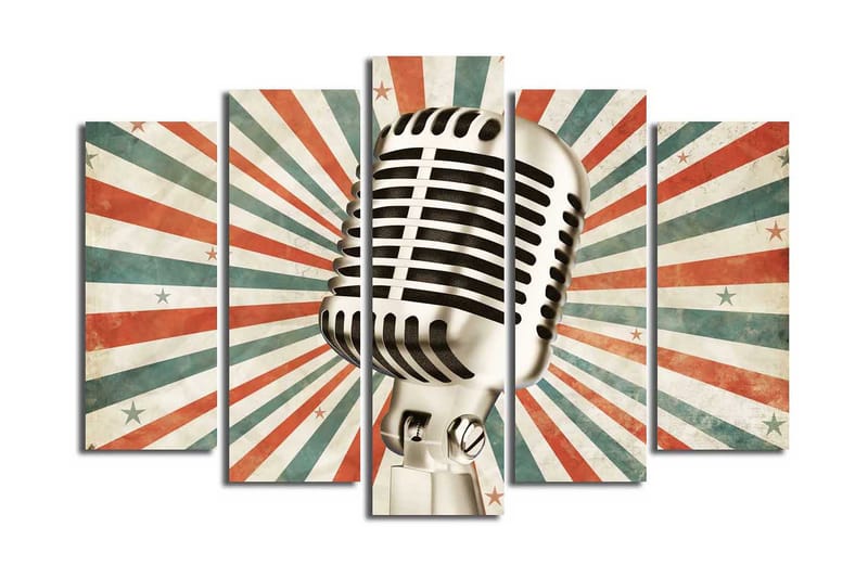 Stor Canvastavla i 5 delar 105x70 cm - Mikrofon med retrodesign omgiven av strålar i olika färger - Röd / Grön / Beige - Inredning & dekor - Tavlor & konst - Canvastavla