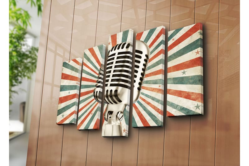 Stor Canvastavla i 5 delar 105x70 cm - Mikrofon med retrodesign omgiven av strålar i olika färger - Röd / Grön / Beige - Inredning & dekor - Tavlor & konst - Canvastavla