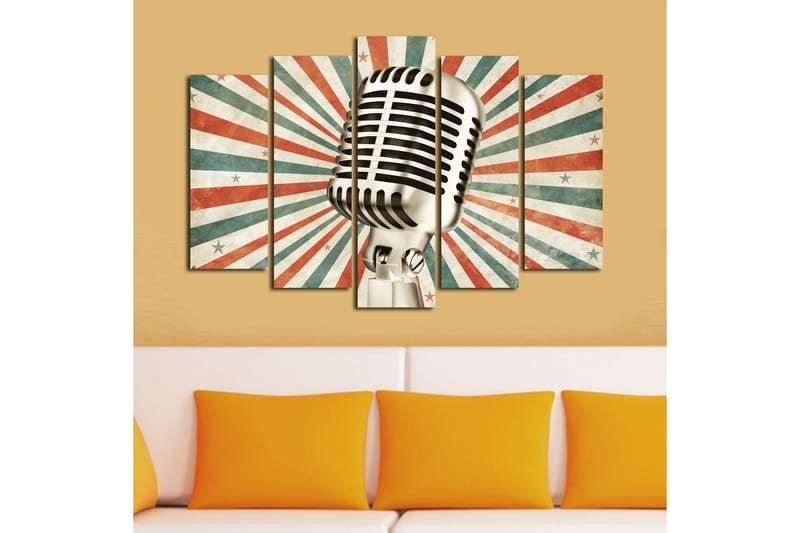 Stor Canvastavla i 5 delar 105x70 cm - Mikrofon med retrodesign omgiven av strålar i olika färger - Röd / Grön / Beige - Inredning & dekor - Tavlor & konst - Canvastavla